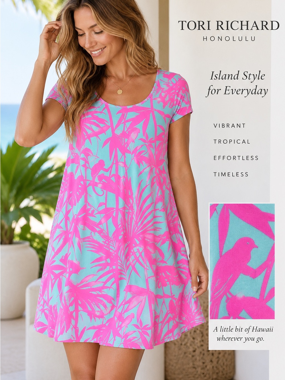 Tori Richard Pink & Aqua Tropical Print Women's Tunic